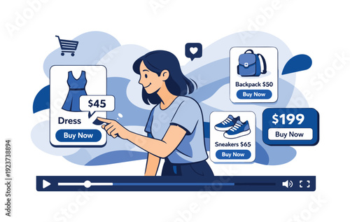 Shoppable videos. Viewer tapping product tags directly inside a video, buy buttons and price