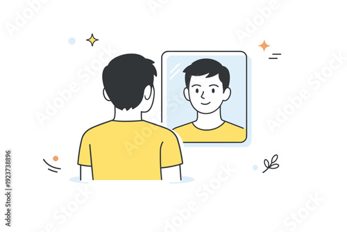 People seen in mirrors indirectly. A person stands with their back to the viewer while their calm face appears softly in a wall mirror.