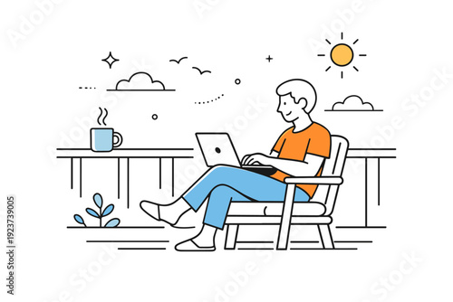 Veranda Laptop Vibes. Laptop work on verandas. Person sitting comfortably with a laptop, coffee cup on the railing and open sky beyond. Slow work rhythm and