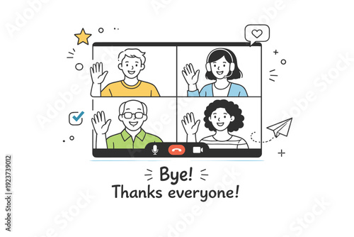 Video call wrap-up. People smiling and waving at the end of an online meeting, signaling completion and positivity. Light closing moment with friendly digital