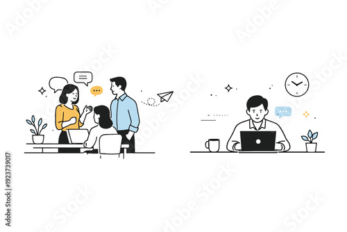 Emotional withdrawal in office life. A quiet office scene with a single employee sitting slightly apart, focused on a screen while others