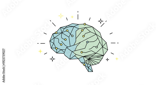 Intricate geometric polygonal illustration of a human brain with glowing neural connections set against a clean white background with subtle sparkle accents, Generative AI.