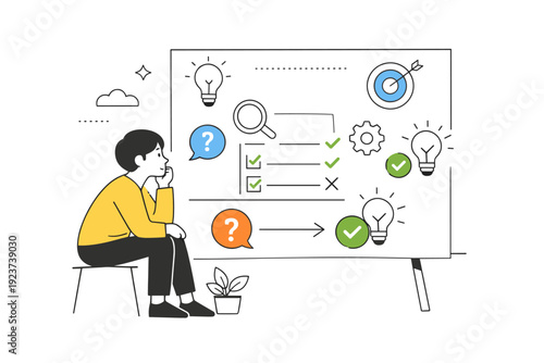 Visual thinking templates ? problem solving. A character reviewing a board with icons, checkmarks, and question symbols, representing