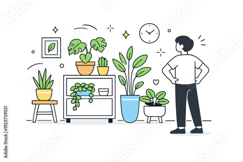 Indoor plant arrangements. A person steps back to review a finished plant setup in a room. Sense of satisfaction and balance with soft decorative shapes