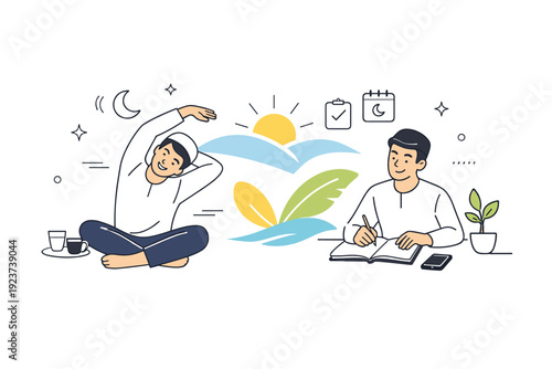 Ramadan fasting daily routine. Morning transition after suhoor, person starting the day with light stretching or planning tasks, peaceful