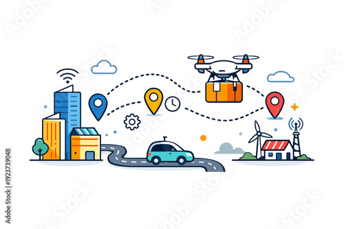 Drone-based deliveries inspired by smart city technology and automated transport systems. A simplified urban illustration with navigation
