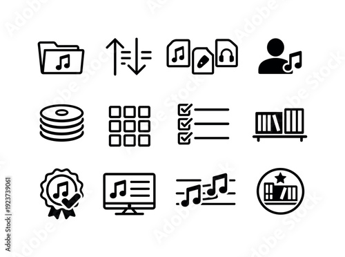 Organizing Music Library. Line outline icon set of Organizing Music Library: music folders,