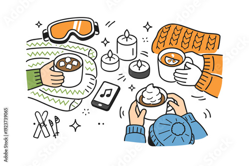 Apres-ski indoor gathering. Cozy flat lay of knit blankets, mugs with hot drinks, ski goggles, and candles arranged neatly. Warm relaxed mood