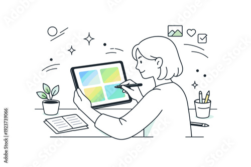 Fresh spring gradients. A designer reviewing gentle color gradients on a tablet, smooth transitions inspired by sky and foliage, calm focus
