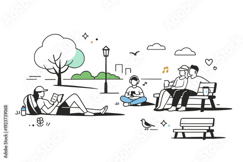 Lazy afternoons in parks. Late afternoon park scene with long shadows, relaxed poses, and quiet energy. Tranquil summer feeling with trees,