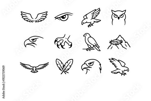 Birds of Prey. Line icon set of Birds of Prey: eagle wings, hawk eye, falcon dive, owl silhouette, sharp beak, talon grasp, perched bird,