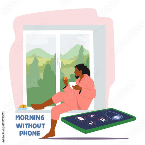 Woman peacefully enjoying morning coffee and sunrise without phone sitting on windowsill scene