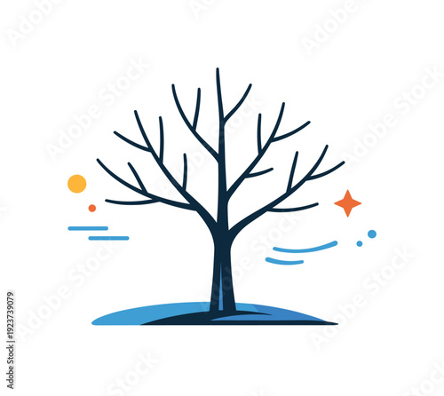 Bare branches seasonal stillness illustrated as a stripped down tree form with subtle motion cues, highlighting vulnerability, endurance, and