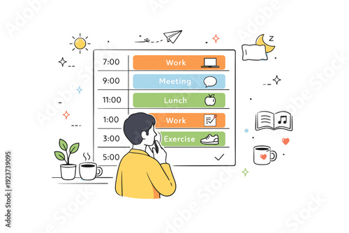 Daily planning routine. A person reviewing a schedule board with time blocks and gentle icons for work and rest. Calm productivity and mindful organization