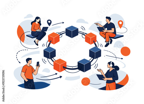 Blockchain coordination. Abstract chain blocks forming a circle, people interacting from