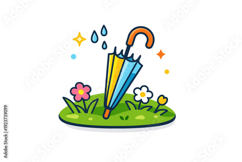 Spring umbrella aesthetic a compact scene with an umbrella resting on fresh grass and small blooms, symbolizing peaceful spring rain and everyday comfort.
