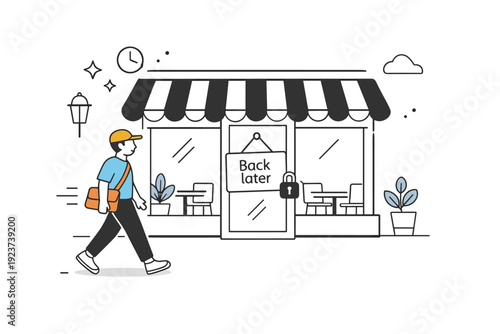 Closed cafes daytime. Person walking past a locked cafe with ?Back later? sign, empty tables visible inside. Quiet urban moment with hints of