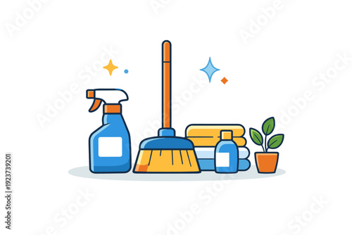Spring cleaning concept showing neatly arranged cleaning tools with sparkles and a small plant to suggest freshness and positive change. A calm and motivating