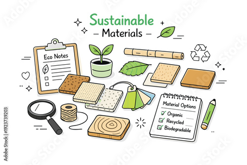 Eco-Friendly Design Workspace. Sustainable Materials. Exploring eco-friendly materials and textures in a calm design workspace. Samples, swatches, and notes