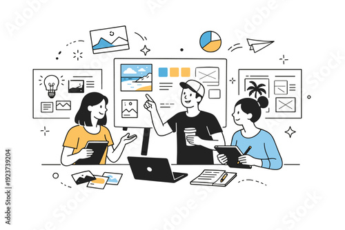 Creative agency moodboard reviews. Small creative team evaluating layout ideas and imagery, relaxed discussion and shared focus.