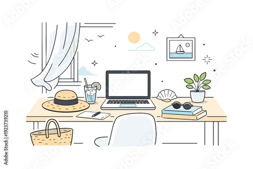 Airy Summer Workspace. Minimal summer home office styling. A bright home workspace with a desk near a window, light curtains moving softly, and a laptop
