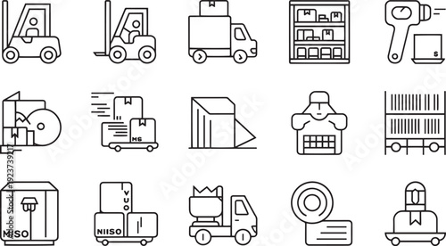 Collection of various transport and industrial icons isolated on transparent background
