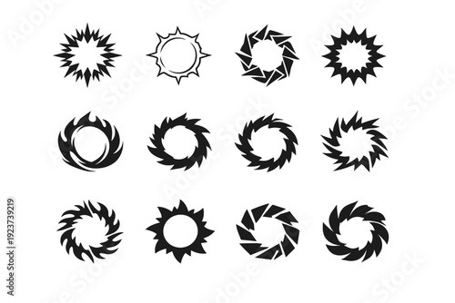 Burst. Icon set. Set Logo of Burst: explosive wave ring. harmonious logo variations of the same emblematic concept, each with different artistic interpretation