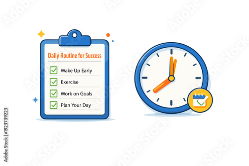Setting up a daily routine for success expressed with a clean checklist and clock icon aligned in harmony, symbolizing planning, discipline,