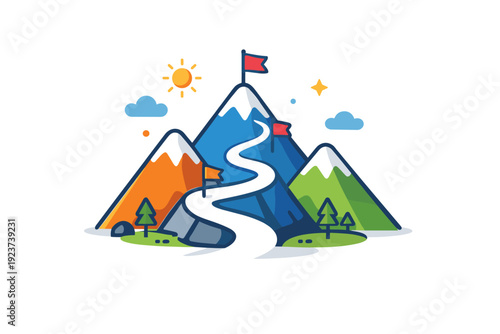 Mountain trekking shown through a symbolic path winding upward between simplified peaks, expressing progress, challenge, and personal