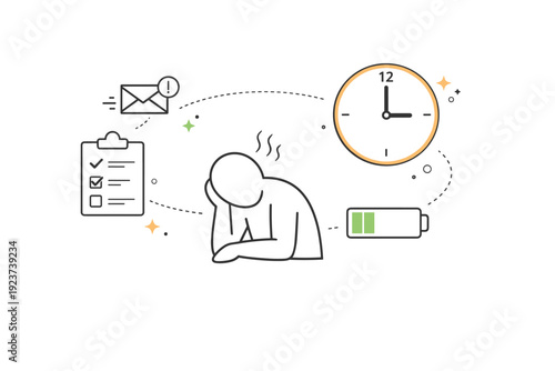Burnout at workplace. Abstract composition of person, fading energy bar, clock, and task icons connected loosely. Calm visual metaphor of exhaustion and need