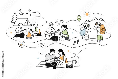 Shared Joyful Connections. Shared experience symbols. A calm scene of multiple people interacting with shared activities?camping, music, exploration?connected