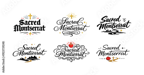 Sacred Montserrat. Create a calligraphy lettering illustration of the phrase: Sacred