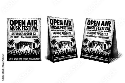 Outdoor music event flyer, a single promotional flyer object shown in front view, side-angled view, and three-quarter perspective view within one composition.