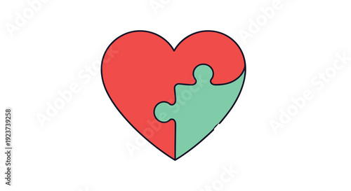 Simple graphic illustration of a large red heart with a perfectly fitted mint green puzzle piece segment completing its shape on a clean white background, Generative AI.