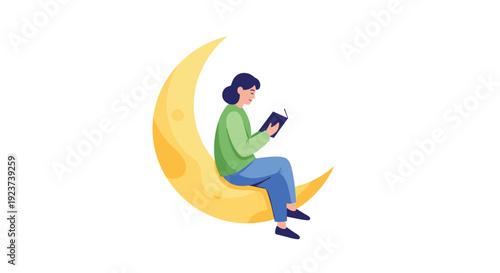 Tranquil illustration of a relaxed woman with dark hair sitting comfortably atop a large glowing yellow crescent moon peacefully reading a book, Generative AI.