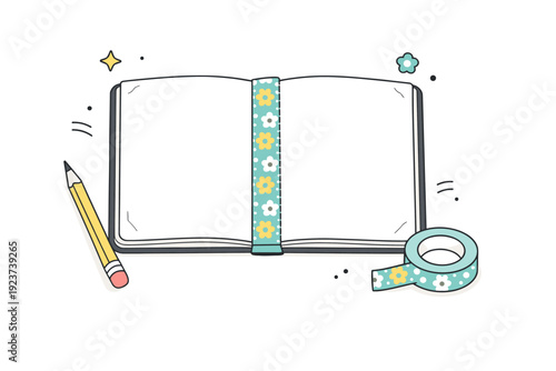 Repair tape aesthetics. Overhead view of a sketchbook or journal with spine reinforced by decorative tape, signs of wear gently preserved.