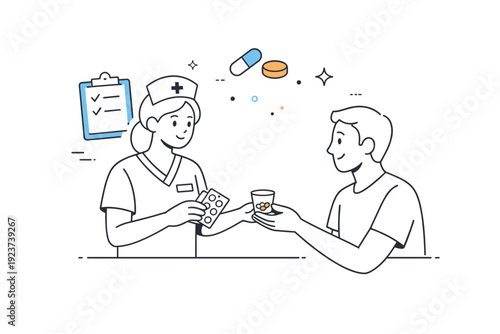 nurse medication. A nurse preparing and handing over medication to a patient, calm focus, small floating icons of pills and a clipboard,