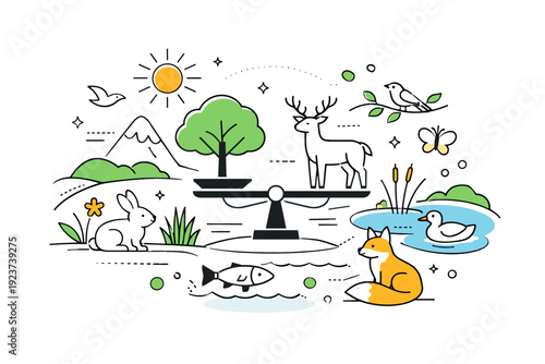 Nature protection graphics ? ecosystem balance. Simplified plants, animals and landscape elements connected in a harmonious composition,
