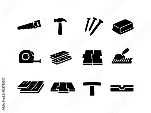 Home flooring tools. Filled icon set of Home flooring tools: saw, hammer, nails, sanding