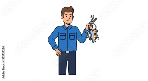 Man Holding Keys in Cartoon Style.