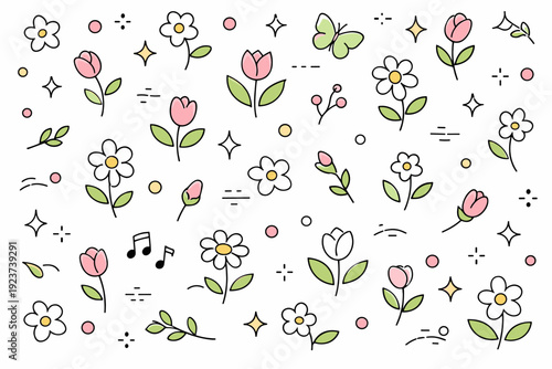 Minimal spring festival pattern. Repeating seasonal motifs like flowers, buds, and abstract shapes arranged with restraint and balance. Clean editorial