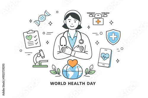 World Health Day future vision. A minimal optimistic illustration showing innovation and progress in global health. Clean icons of technology, care, and