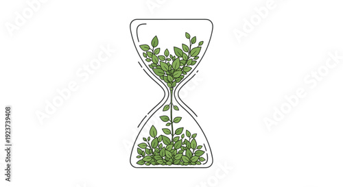 Unique illustration of a transparent hourglass filled with vibrant green leaves steadily flowing from the upper bulb to the lower on a white background, Generative AI.