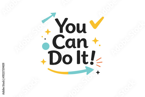 Positive affirmation typography. Friendly rounded letters combined with minimal icons like arrows, checkmarks, or abstract shapes. The mood