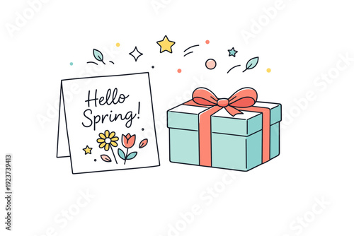 spring card and gift. A handwritten spring card placed beside a wrapped gift on a clean surface, abstract stars and dots floating above to