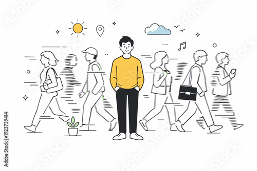 Inner Peace in Motion. Standing still in crowds. One person pauses calmly while a crowd flows around, subtle motion lines showing movement all around. Feeling