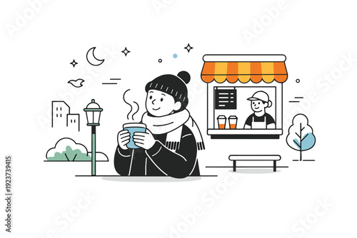 Winter city sightseeing for locals ? stopping for a warm drink. A friendly scene with a person holding a cup of coffee or tea near a small