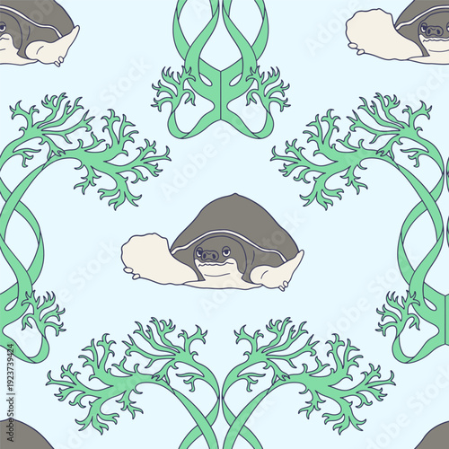 Cute sea turtles and algae coastal seamless pattern vector illustration