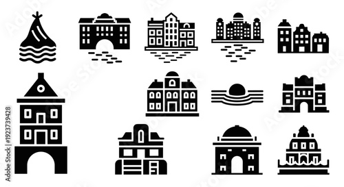 Iconic city buildings silhouettes set with historical architecture elements
