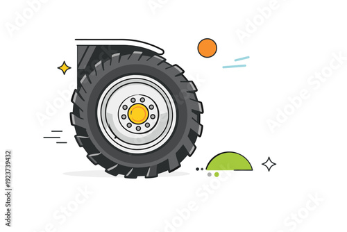 Agricultural machinery detail. Close-up view of a tractor wheel partially cropped, focusing on texture and scale. Calm industrial mood,